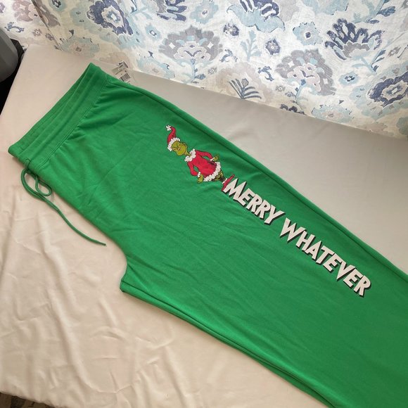 Lounge -Sweat Pants 3X Christmas The Grinch "Merry Whatever" Green Plus Size NWT - Picture 3 of 4